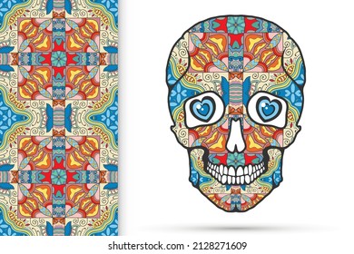 Day of The Dead colorful Sugar Skull with doodle ornament and decorative seamless floral geometric pattern. Hand drawn art background, tattoo, Halloween party card design, textile or paper print