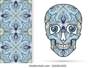 Day of The Dead colorful Sugar Skull with doodle ornament and decorative seamless floral geometric pattern. Hand drawn art background, tattoo, Halloween party card design, textile or paper print