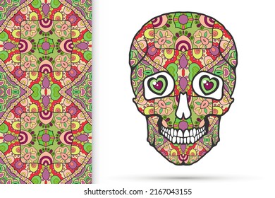 Day of The Dead colorful Sugar Skull with doodle ornament and decorative seamless floral geometric pattern. Hand drawn art background, tattoo, Halloween party card design, textile or paper print