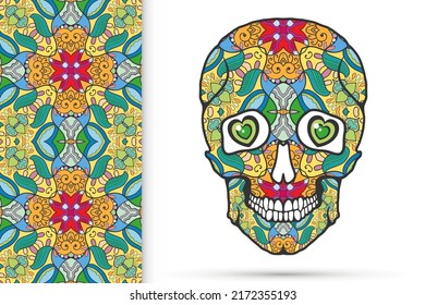 Day of The Dead colorful Sugar Skull with doodle ornament and decorative seamless floral geometric pattern. Hand drawn art background, tattoo, Halloween party card design, textile or paper print