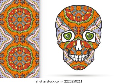 Day of The Dead colorful Sugar Skull with doodle ornament and decorative seamless floral geometric pattern. Hand drawn art background, tattoo, Halloween party card design, textile or paper print