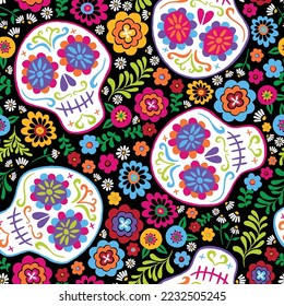 
Day of The Dead colorful sugar skull with floral ornament and flower seamless pattern