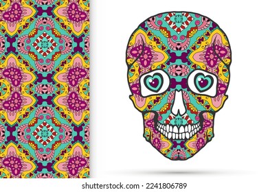 Day of The Dead colorful Sugar Skull with doodle ornament and decorative seamless floral geometric pattern. Hand drawn art background, tattoo, Halloween party card design, textile or paper print