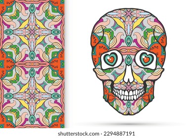 Day of The Dead colorful Sugar Skull with doodle ornament and decorative seamless floral geometric pattern. Hand drawn art background, tattoo, Halloween party card design, textile or paper print