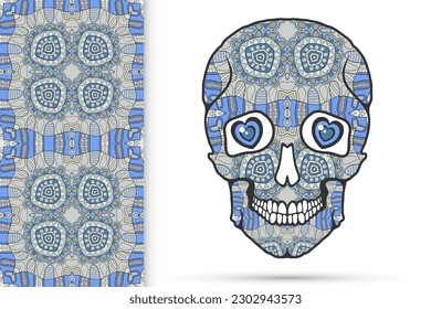 Day of The Dead colorful Sugar Skull with doodle ornament and decorative seamless floral geometric pattern. Hand drawn art background, tattoo, Halloween party card design, textile or paper print