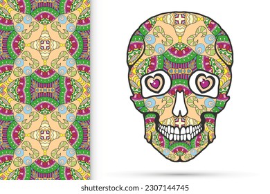 Day of The Dead colorful Sugar Skull with doodle ornament and decorative seamless floral geometric pattern. Hand drawn art background, tattoo, Halloween party card design, textile or paper print