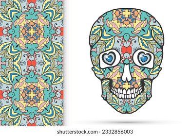 Day of The Dead colorful Sugar Skull with doodle ornament and decorative seamless floral geometric pattern. Hand drawn art background, tattoo, Halloween party card design, textile or paper print