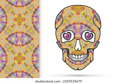 Day of The Dead colorful Sugar Skull with doodle ornament and decorative seamless floral geometric pattern. Hand drawn art background, tattoo, Halloween party card design, textile or paper print