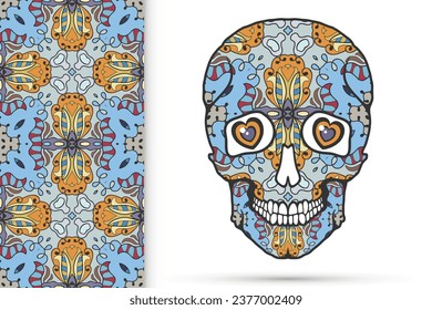 Day of The Dead colorful Sugar Skull with doodle ornament and decorative seamless floral geometric pattern. Hand drawn art background, tattoo, Halloween party card design, textile or paper print