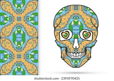 Day of The Dead colorful Sugar Skull with doodle ornament and decorative seamless floral geometric pattern. Hand drawn art background, tattoo, Halloween party card design, textile or paper print