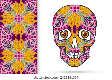 Day of The Dead colorful Sugar Skull with doodle ornament and decorative seamless floral geometric pattern. Hand drawn art background, tattoo, Halloween party card design, textile or paper print