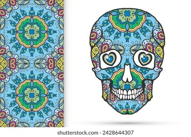 Day of The Dead colorful Sugar Skull with doodle ornament and decorative seamless floral geometric pattern. Hand drawn art background, tattoo, Halloween party card design, textile or paper print