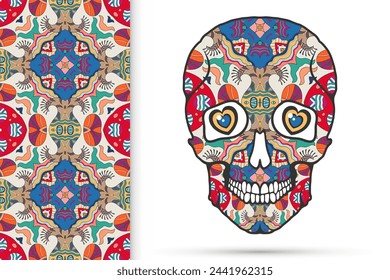 Day of The Dead colorful Sugar Skull with doodle ornament and decorative seamless floral geometric pattern. Hand drawn art background, tattoo, Halloween party card design, textile or paper print