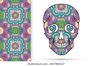 Day of The Dead colorful Sugar Skull with doodle ornament and decorative seamless floral geometric pattern. Hand drawn art background, tattoo, Halloween party card design, textile or paper print