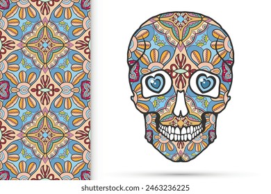 Day of The Dead colorful Sugar Skull with doodle ornament and decorative seamless floral geometric pattern. Hand drawn art background, tattoo, Halloween party card design, textile or paper print