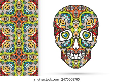 Day of The Dead colorful Sugar Skull with doodle ornament and decorative seamless floral geometric pattern. Hand drawn art background, tattoo, Halloween party card design, textile or paper print