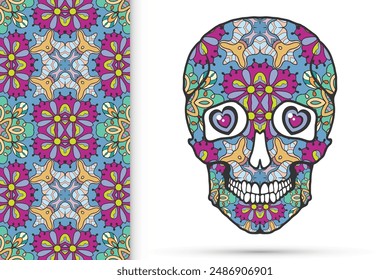 Day of The Dead colorful Sugar Skull with doodle ornament and decorative seamless floral geometric pattern. Hand drawn art background, tattoo, Halloween party card design, textile or paper print