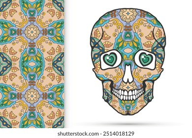 Day of The Dead colorful Sugar Skull with doodle ornament and decorative seamless floral geometric pattern. Hand drawn art background, tattoo, Halloween party card design, textile or paper print