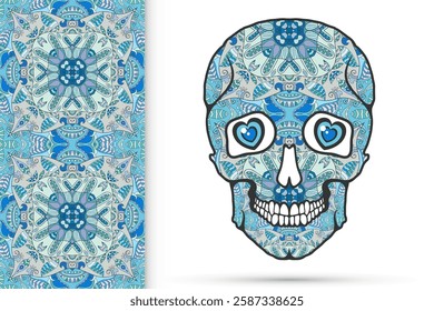 Day of The Dead colorful Sugar Skull with doodle ornament and decorative seamless floral geometric pattern. Hand drawn art background, tattoo, Halloween party card design, textile or paper print