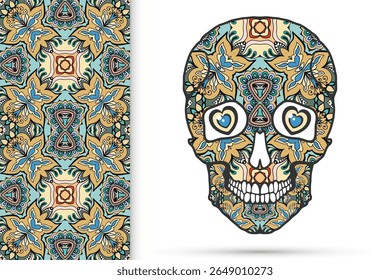 Day of The Dead colorful Sugar Skull with doodle ornament and decorative seamless floral geometric pattern. Hand drawn art background, tattoo, Halloween party card design, textile or paper print