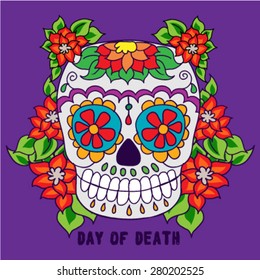 Day of The Dead colorful Sugar Skull with floral ornament. Mexican vector art.