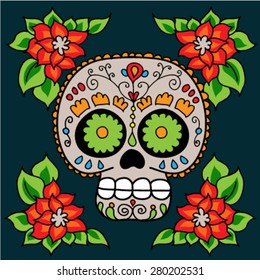 Day of The Dead colorful Sugar Skull with floral ornament. Mexican vector art.