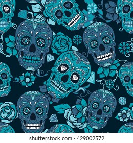 Day Of The Dead Colorful Sugar Skull With Floral Ornament And Flower Seamless Pattern