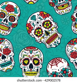 Day of The Dead colorful sugar skull with floral ornament and flower seamless pattern