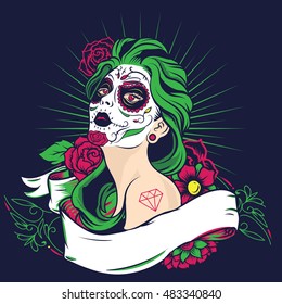 Day of The Dead colorful sugar skull girl with floral ornament and flower 