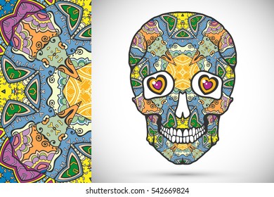 Day of The Dead colorful Sugar Skull with doodle ornament and decorative seamless floral geometric pattern. Hand drawn art background, tattoo, Halloween party card design, textile or paper print