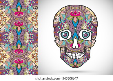 Day of The Dead colorful Sugar Skull with doodle ornament and decorative seamless floral geometric pattern. Hand drawn art background, tattoo, Halloween party card design, textile or paper print