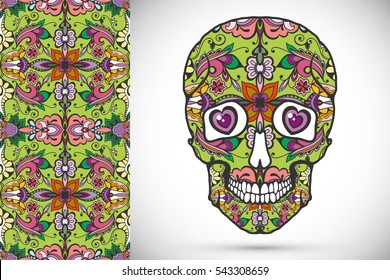 Day of The Dead colorful Sugar Skull with doodle ornament and decorative seamless floral geometric pattern. Hand drawn art background, tattoo, Halloween party card design, textile or paper print