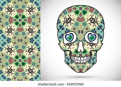 Day of The Dead colorful Sugar Skull with ethnic ornament and decorative seamless floral geometric pattern. Hand drawn art background, tattoo, Halloween party card design, textile or paper print