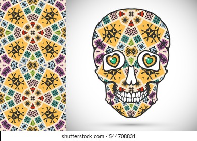 Day of The Dead colorful Sugar Skull with doodle ornament and decorative seamless floral geometric pattern. Hand drawn art background, tattoo, Halloween party card design, textile or paper print