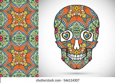 Day of The Dead colorful Sugar Skull with doodle ornament and decorative seamless floral geometric pattern. Hand drawn art background, tattoo, Halloween party card design, textle or paper print