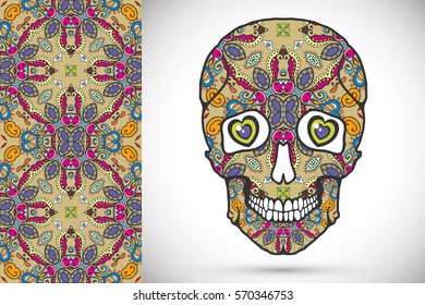 Day of The Dead colorful Sugar Skull with doodle ornament and decorative seamless floral geometric pattern. Hand drawn art background, tattoo, Halloween party card design, textile or paper print