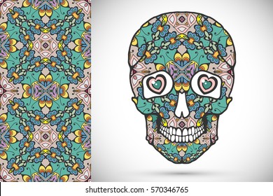 Day of The Dead colorful Sugar Skull with doodle ornament and decorative seamless floral geometric pattern. Hand drawn art background, tattoo, Halloween party card design, textile or paper print