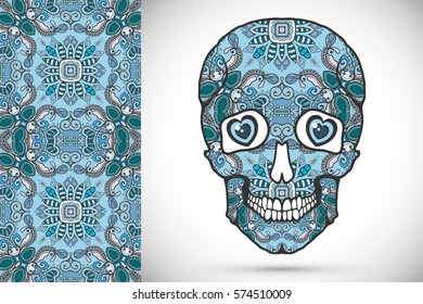 Day of The Dead colorful Sugar Skull with doodle ornament and decorative seamless floral geometric pattern. Hand drawn art background, tattoo, Halloween party card design, textile or paper print