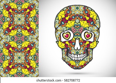 Day of The Dead colorful Sugar Skull with doodle ornament and decorative seamless floral geometric pattern. Hand drawn art background, tattoo, Halloween party card design, textile or paper print