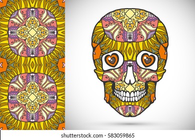 Day of The Dead colorful Sugar Skull with doodle ornament and decorative seamless floral geometric pattern. Hand drawn art background, tattoo, Halloween party card design, textile or paper print