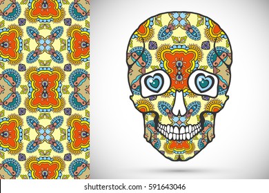 Day of The Dead colorful Sugar Skull with doodle ornament and decorative seamless floral geometric pattern. Hand drawn art background, tattoo, Halloween party card design, textile or paper print