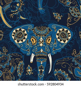 Day Of The Dead Colorful Sugar Skull Indian Elephant With Floral Ornament Seamless Pattern