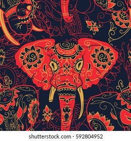 Day of The Dead colorful sugar skull indian elephant with floral ornament seamless pattern