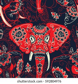 Day of The Dead colorful sugar skull indian elephant with floral ornament seamless pattern