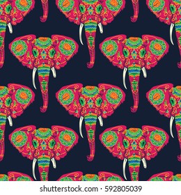 Day of The Dead colorful sugar skull indian elephant with floral ornament seamless pattern