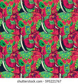 Day of The Dead colorful sugar skull indian elephant with floral ornament seamless pattern