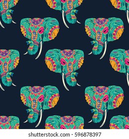 Day of The Dead colorful sugar skull indian elephant with floral ornament seamless pattern
