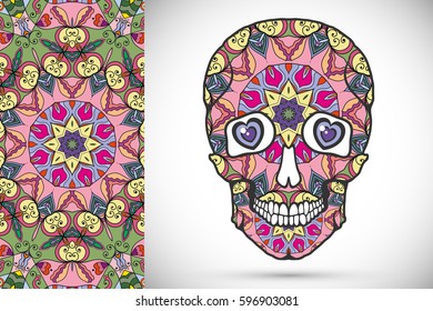 Day of The Dead colorful Sugar Skull with doodle ornament and decorative seamless floral geometric pattern. Hand drawn art background, tattoo, Halloween party card design, textile or paper print