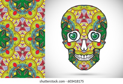 Day of The Dead colorful Sugar Skull with doodle ornament and decorative seamless floral geometric pattern. Hand drawn art background, tattoo, Halloween party card design, textile or paper print