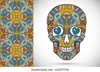 Day of The Dead colorful Sugar Skull with doodle ornament and decorative seamless floral geometric pattern. Hand drawn art background, tattoo, Halloween party card design, textile or paper print